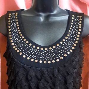 Janeric Black Ruffle Top Silver Tone/ Rhinestone Studded Women's Sz M Party Date